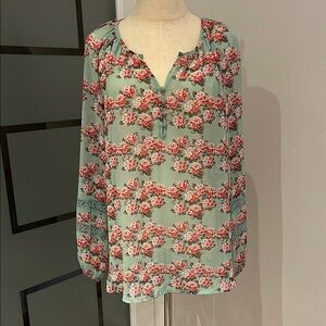 NWT LC Lauren Conrad Teal Pink Cherry Blossom Semi Sheer Blouse